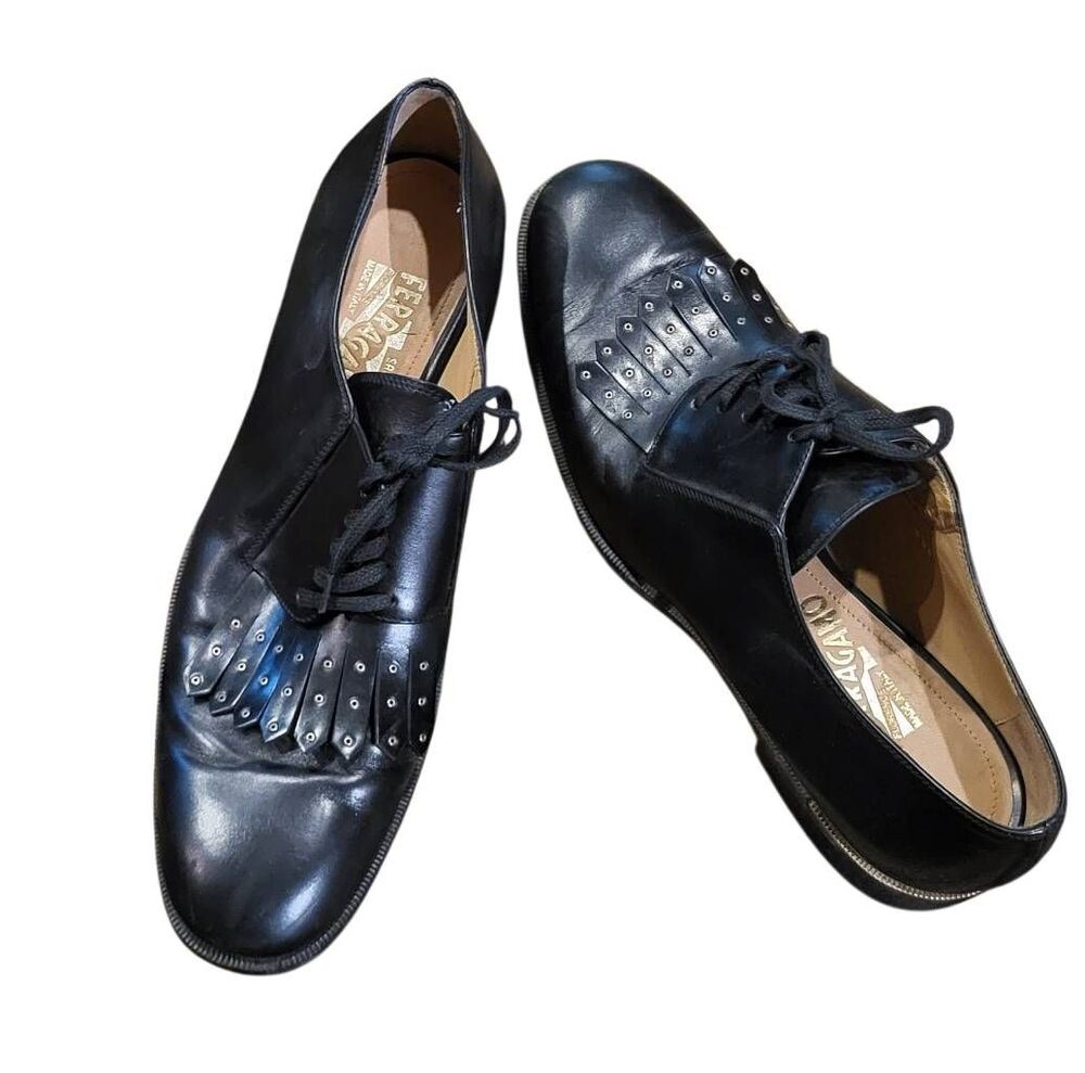 Salvatore Ferragamo Shoes Women's 9.5 Black Lavon Oxford Leather Fringe Kiltie